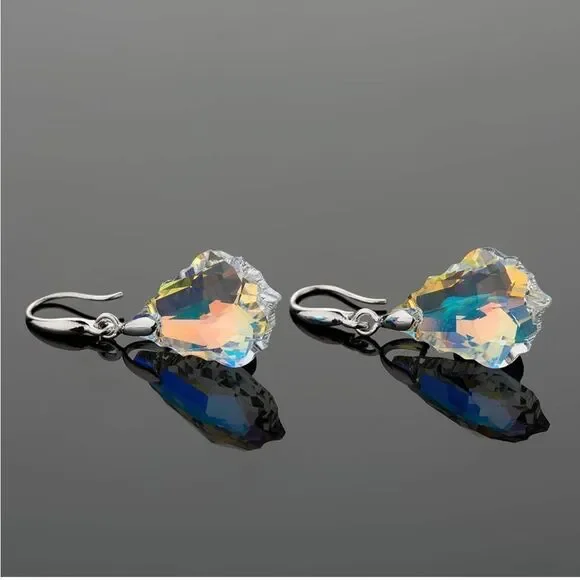 Silver with Iridescent AB Austrian Crystal Baroque Dangling Drop Hook Earrings